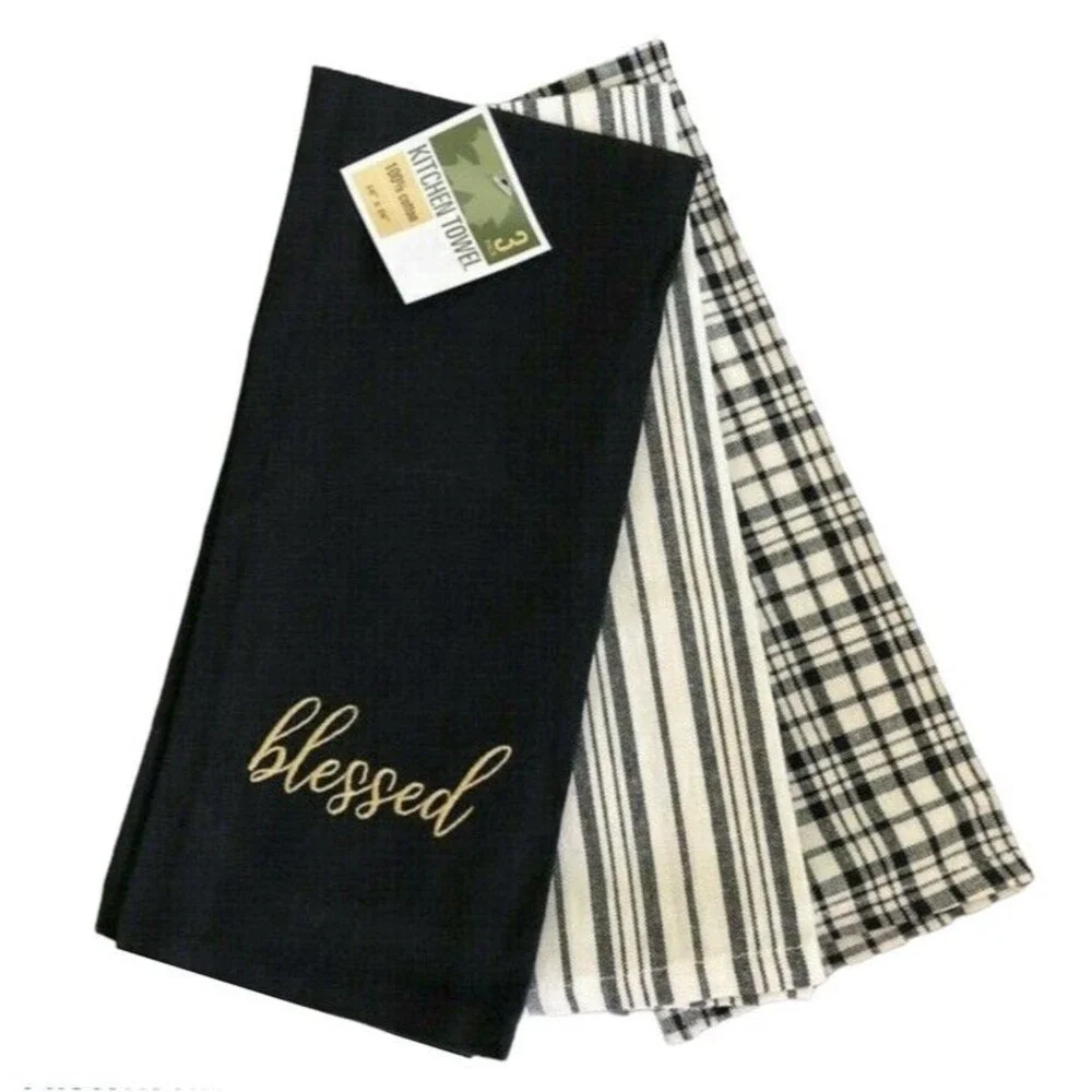 Blessed Kitchen Dish Towels Set of 3 Embroidered Black White Stripe Thanksgiving
